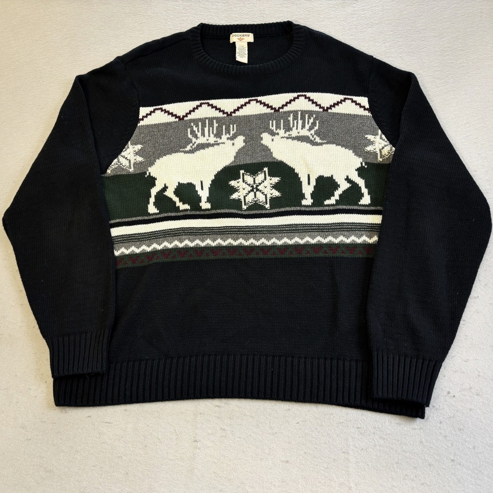 Dockers Sweater Mens Large Black Good Moose Snowflake Intarsia Cotton Pullover